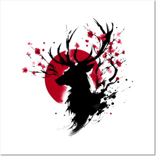 Sumie Japanese Brushstroke Sakura flowers Deer Antlers Posters and Art